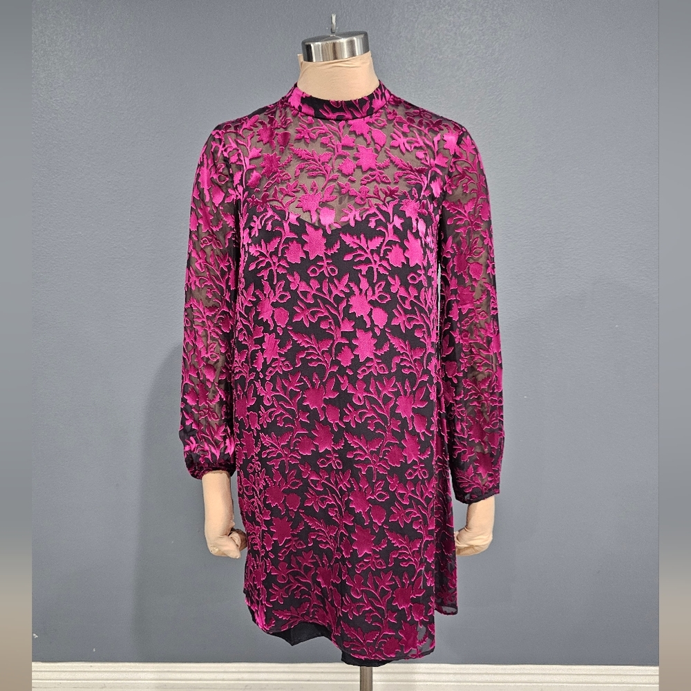 CLUB MONACO Women Pink Burnout Silk Blend Floral Swing Mini Dress Size 0